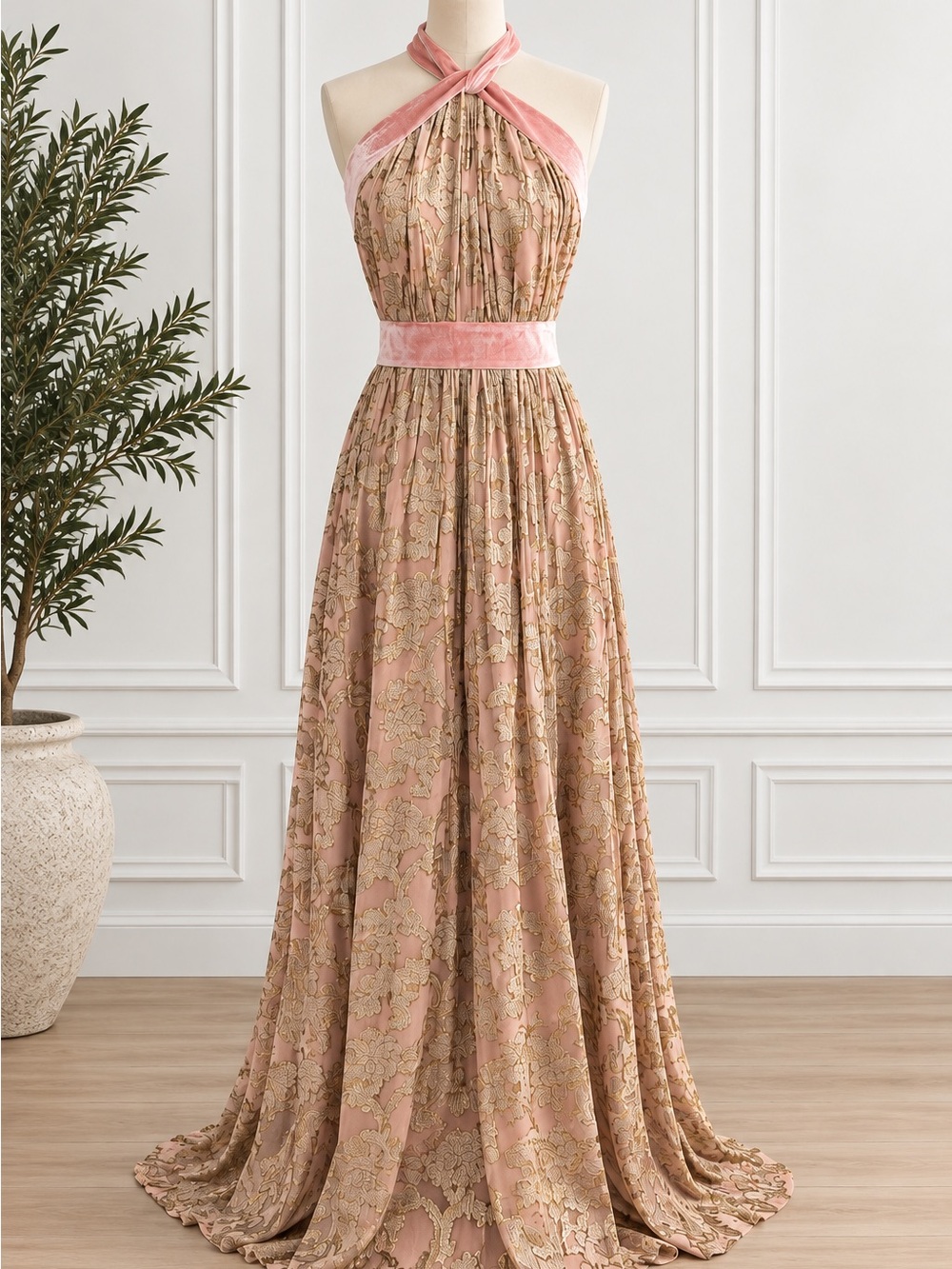 VENUS Pink and Gold One-Shoulder Lace Evening Gown - Picture 2 of 7